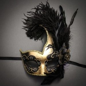Venetian Half Moon Masquerade Feather Mask - Gold